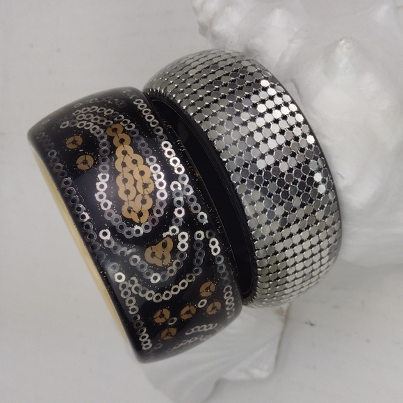 2 Blingy (1 Paisley) Boho Disco Resin Coated Chunky Cool Bangles EUC - Picture 4 of 12